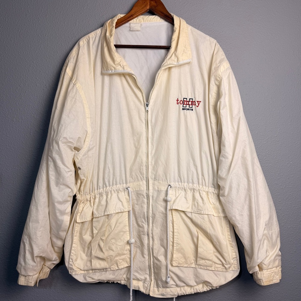 Vtg 90s Lg Tommy Hilfiger Sports Zip Windbreaker Jacket Cream Hip Hop Drawstring